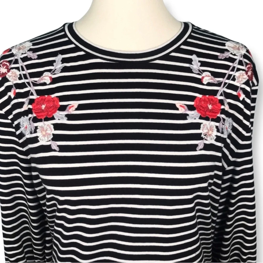 LOFT Striped Long Sleeve Top with Red Floral Embroidery - Picture 6 of 9